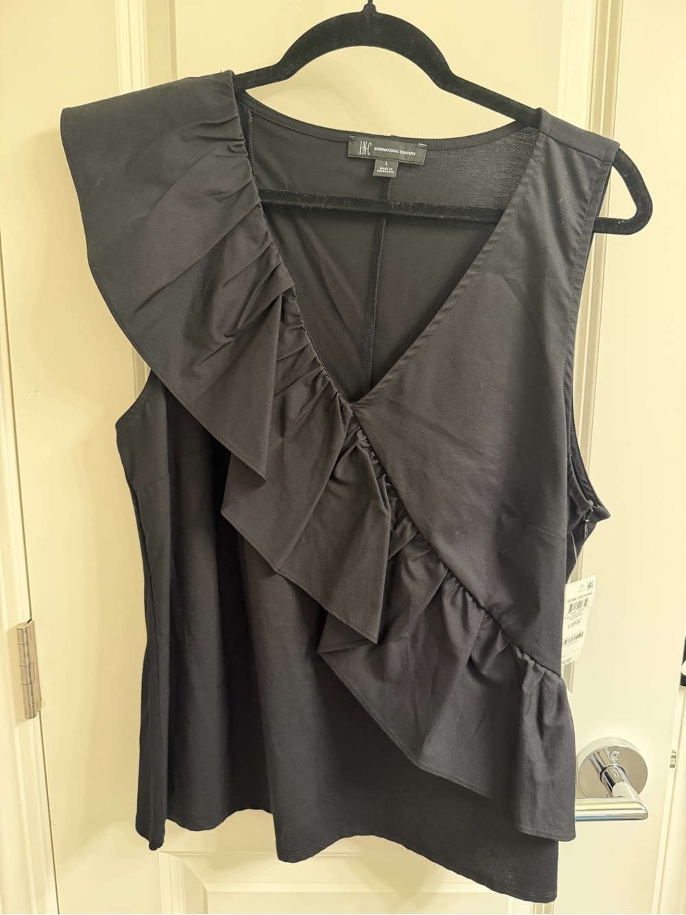 INC International Concepts Black Asymmetrical Ruffle V-Neck Tank